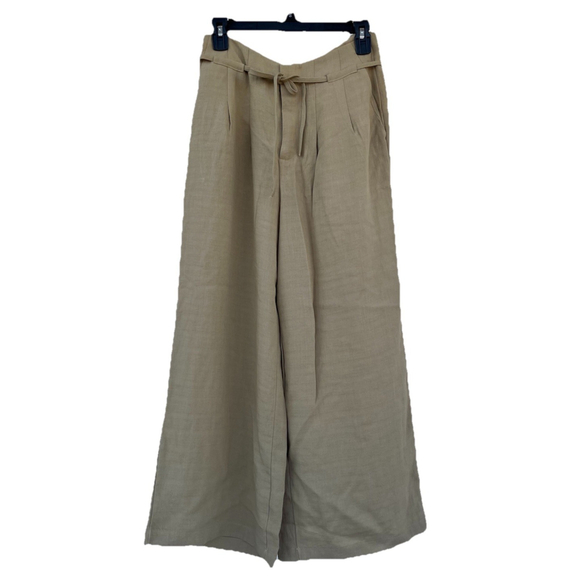 A New Day Pants - Women Khaki Wide Leg Linen Blend Pants Tie Waist Relaxed Fit Size S